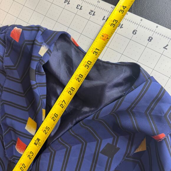 Vintage 80s Geometric Chevron Tunic Blouse Sheer Panels Blue Art Deco Pattern L - Picture 11 of 16